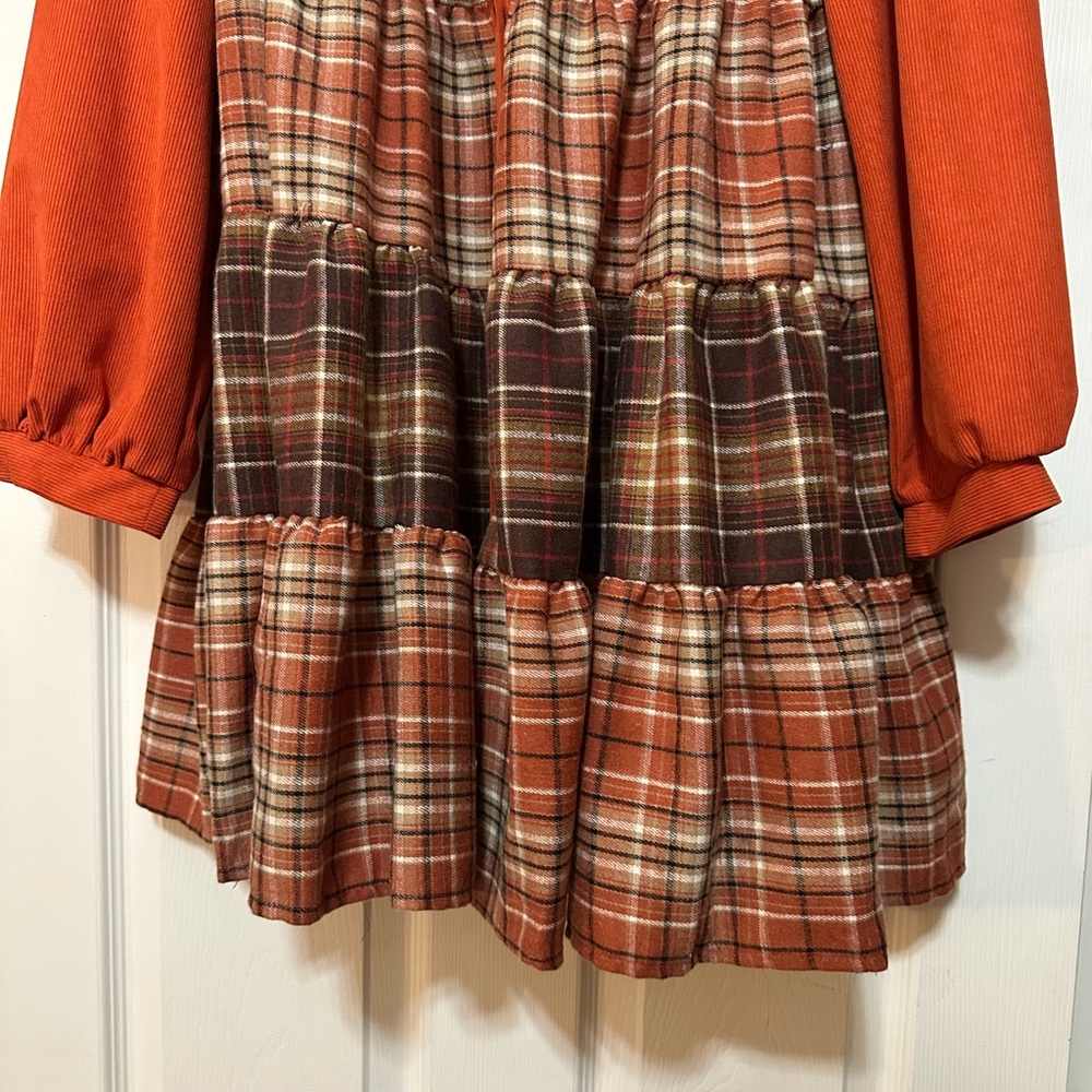 Large No Tags LS Tiered Orange & Brown Plaid Corduroy Mini Dress - Picture 3 of 6